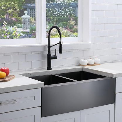 SHACO 33 Inch Black Double Bowl Divided 50/50 Farmhouse Sink, 33x21 Gunmetal Black Stainless Steel Undermount Apron Front Farm Kitchen Sink