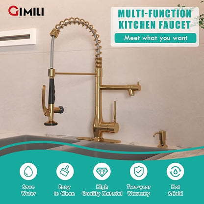 GIMILI Commercial Kitchen Faucet with Pull Down Sprayer, Double Headed Single Handle High Pressure Kitchen Faucet with Soap Dispenser Brushed Gold