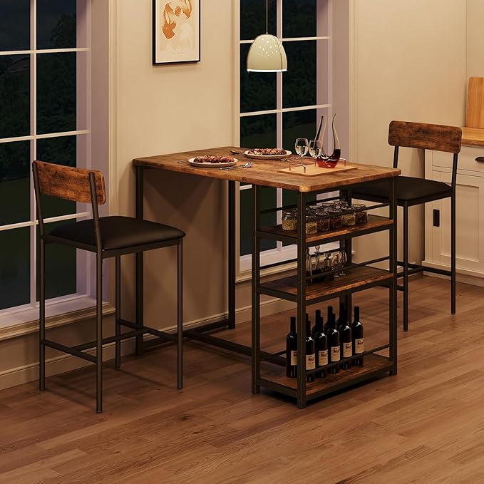 Takywep Dining Table Set for 2 with 3 Large Storage Shelves, Kitchen Table and Chairs for 2 with Pu Cushion Chairs & Thick Wood Top, 3 Piece Dining Table Set for Small Space, Apartment, Brown