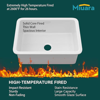 Miuara White Undermount Kitchen Sink 27 Inch - Topmount Fireclay Drop In Sink 27"x19"x10", Dual Mount Heavy Duty Deep Single Bowl, w 2 Accessories, Glossy White, for Kitchen & Laundry & Small Space