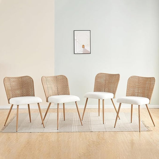 Rattan Dining Chairs, Modern Kitchen Chairs with Cane Woven Backrest Seat, Armless PE Wicker Accent Chairs for Dining Room with Metal Legs,Lamb White