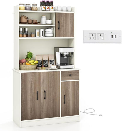 Giantex 71" Buffet Hutch Cabinet with Power Outlet, Kitchen Hutch Sideboard, Buffet Pantry on Island, Wood Kitchenware Server with Drawer, Shelf and Storage Cabinet (White & Walnut)