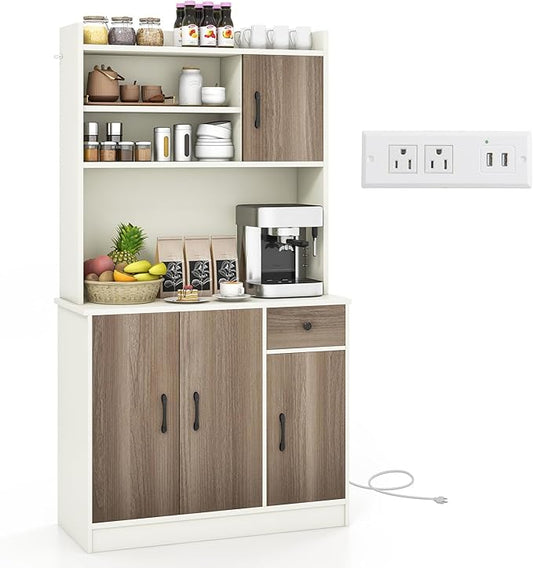 Giantex 71" Buffet Hutch Cabinet with Power Outlet, Kitchen Hutch Sideboard, Buffet Pantry on Island, Wood Kitchenware Server with Drawer, Shelf and Storage Cabinet (White & Walnut)