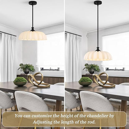 15.7" Vintage Modern Black Chandelier with Floral Milk White Glass Shades, Adjustable Height Pendant Light for Kitchen Island, Dining Room, Bedroom
