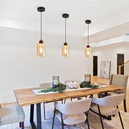 Modern Wood Pendant Lighting for Kitchen Island, Farmhouse Pendant Light Fixtures 3 Pack, Adjustable Hanging Ceiling Light with Amber Glass Shade