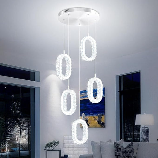 5 Ring Oval Chandelier for Dining Room, Chorme Crystal Chandelier Ring Pendant Light for Kitchen Island,Hallway, Entryway, Passway, Bedroom, Balcony Living Room