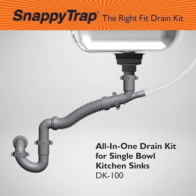 Snappy Trap Single Kitchen Sink Drain Kit, 1-1/2" with Flexible P-Trap, All-in-One Drain Kit for Single Bowl Kitchen Sinks, Universal Compatibility, No-Tool Easy Installation (DK-100 Silver)