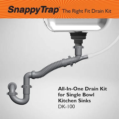 Snappy Trap Single Kitchen Sink Drain Kit, 1-1/2" with Flexible P-Trap, All-in-One Drain Kit for Single Bowl Kitchen Sinks, Universal Compatibility, No-Tool Easy Installation (DK-100 Silver)