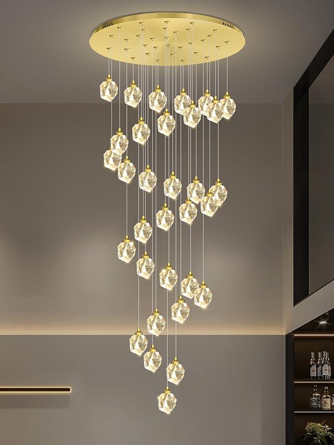 Gold Spiral Staircase Crystal Chandeliers 32-Lights 150 inch Long High Ceiling Chandelier Entrance Foyer Flush Mount Slopped Inclined Ceiling LED Dimmable 3000-6000K