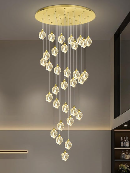 Gold Spiral Staircase Crystal Chandeliers 32-Lights 150 inch Long High Ceiling Chandelier Entrance Foyer Flush Mount Slopped Inclined Ceiling LED Dimmable 3000-6000K
