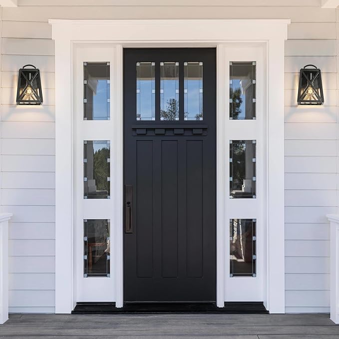 Black Outdoor Wall Sconce Lights, Farmhouse Trapezoid Anti-Rust Waterproof Outdoor Porch Lights Wall Mount Exterior Light Fixture with Clear Glass for Patio, Froot Door, Garage