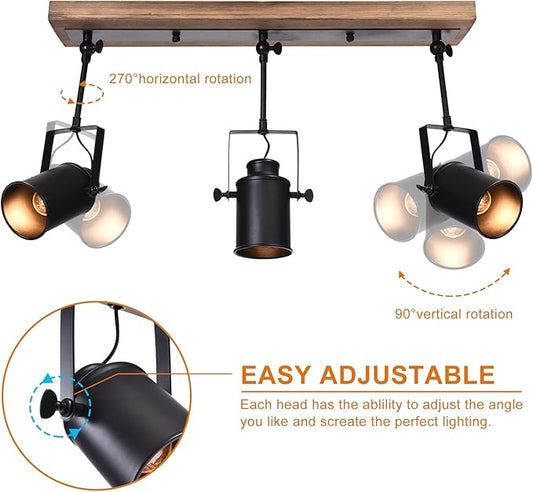 Lingkai Track Lighting Fixture, Farmhouse 3-Light Black Wood Kitchen Spotlight Industrial Adjustable Heads Ceiling Light for Kitchen Living Room Dining Room