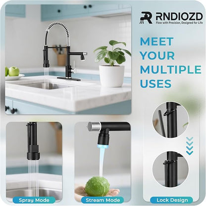 LED Kitchen Faucet with Pull Down Sprayer - Black & Brushed Nickel Single Handle Commercial Kitchen Faucets, 2-Spout Kitchen Sink Faucet, Stainless Steel Spring Pull Out Sink Faucet 1/3 Hole