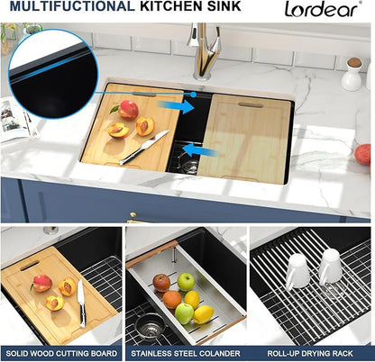 Lordear Undermount Kitchen Sink Composite Granite Sink Quartz Sinks Workstation 28 Inch Black Under Counter Kitchen Sinks 28x19 Inch