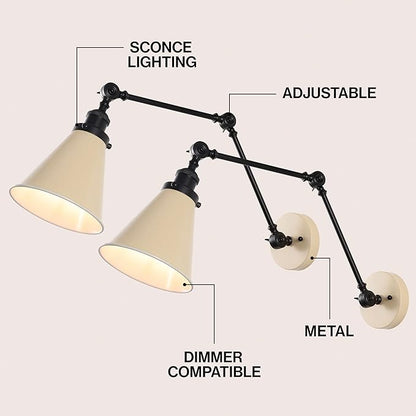 JONATHAN Y 7" Almond/Black Classic Industrial Metal Adjustable Arm LED Wall Sconce for Bedside Reading, Farmhouse Swing Arm Wall Lamp with Metal Shade, Hardwired (JYL7462F-SET2)