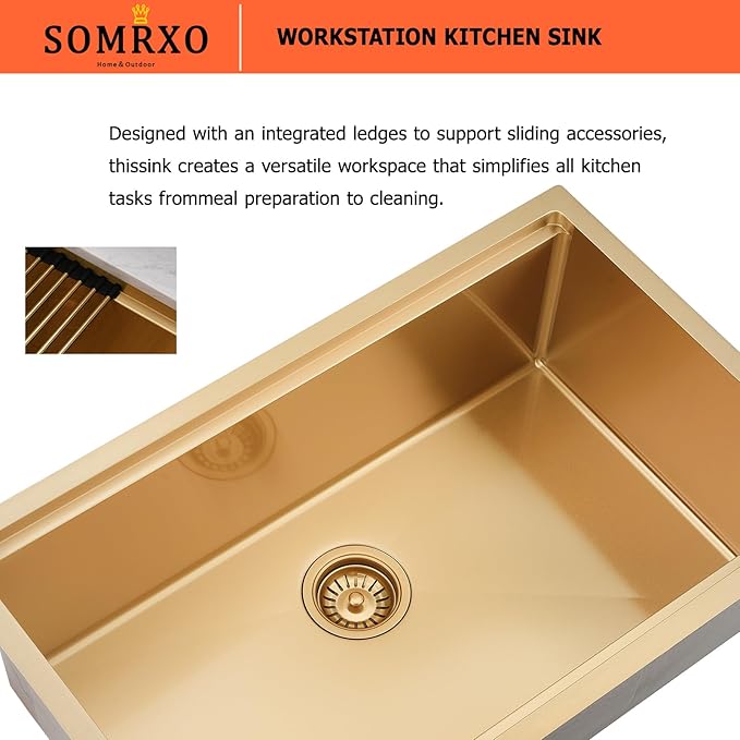 28 Inch Undermount Kitchen Sink Gold - 16 Gauge Gold Satainless Steel Kitchen Sink Undermount 28x18,10 Inch Deep Single Bowl Workstation Sinks with Accessories