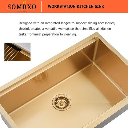 28 Inch Undermount Kitchen Sink Gold - 16 Gauge Gold Satainless Steel Kitchen Sink Undermount 28x18,10 Inch Deep Single Bowl Workstation Sinks with Accessories