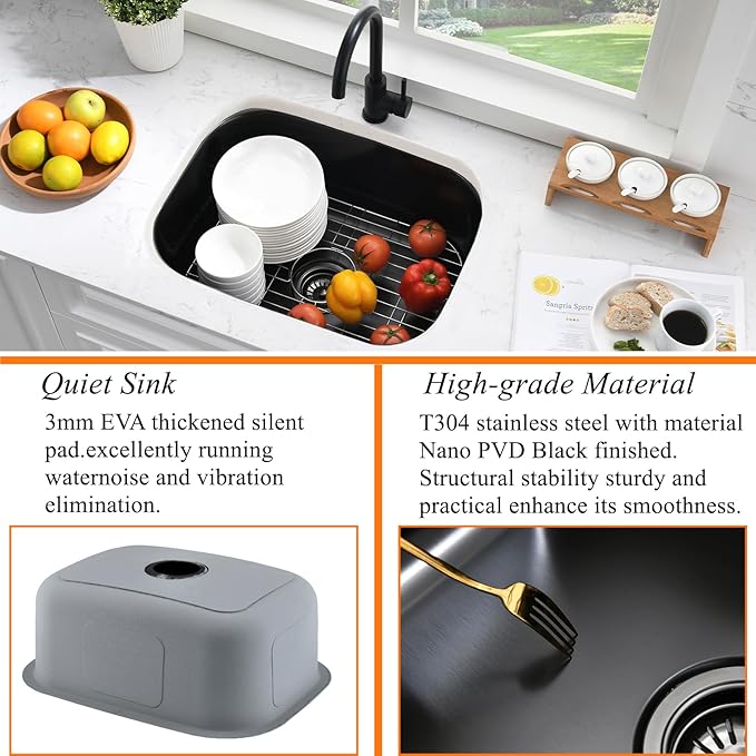 23 Inch Black Undermount Bar Sink-Bokaiya 23x18 Black Stainless Steel Undermount Kitchen Sink Wet Bar Prep Outdoor Sink 16 Gauge Single Bowl Kitchen Sink with Dish Grid
