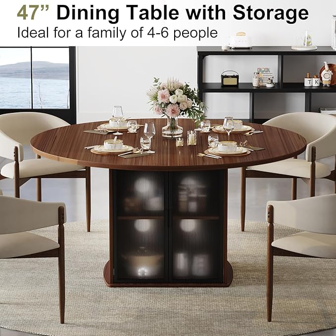 IBF Round Dining Table with Storage for 4 to 6, 47" Circle Kitchen Table with Fridge Space, Wood Dining Room Tables with Adjustable Shelf, Circular Dinner Tables for Home Kitchen, Walnut (Only Table)