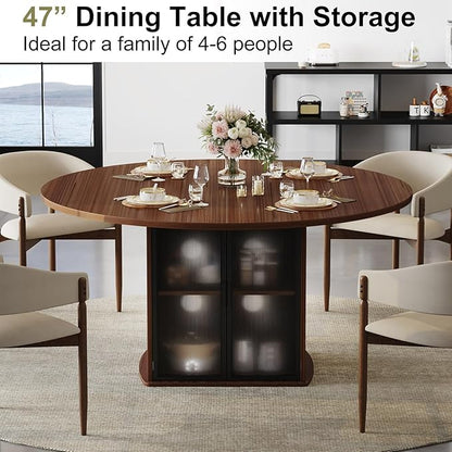 IBF Round Dining Table with Storage for 4 to 6, 47" Circle Kitchen Table with Fridge Space, Wood Dining Room Tables with Adjustable Shelf, Circular Dinner Tables for Home Kitchen, Walnut (Only Table)