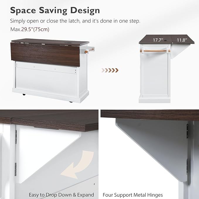 54.9" Kitchen Island with Drop Leaf and Drawers, Rolling Kitchen Cart with Shelves and Storage Cabinet, Kitchen Prep Table on Wheels with Power Outlet and Cross Barn Doors & Visual Glass Door White