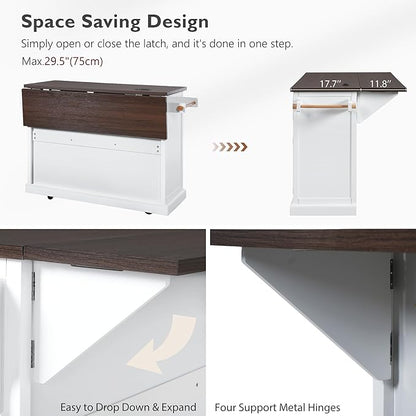 54.9" Kitchen Island with Drop Leaf and Drawers, Rolling Kitchen Cart with Shelves and Storage Cabinet, Kitchen Prep Table on Wheels with Power Outlet and Cross Barn Doors & Visual Glass Door White