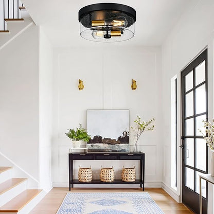 Flush Mount Ceiling Light Fixtures, 2-Light Black and Gold Ceiling Mount for Farmhouse with Seeded Glass Lampshade, Industrial Flush Mount Light Fixture for Hallway, Kitchen, Entryway and Foyer