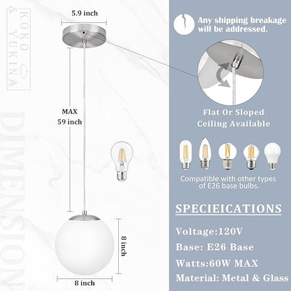 KoKo&Yukina 8 Inch Globe Pendant Light Nickel Globe Pendant Lights Kitchen Island Mid Century Light Fixture with Milky White Glass Shade Adjustable Lights for Dining Room