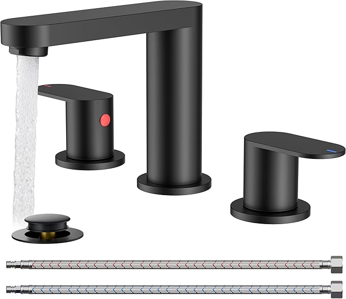 QFN Matte Black Bathroom Faucets 3 Hole, 8 inch Widespread Bathroom Faucet with Pop Up Drain and 24" cUPC Supply Hoses, Lead-Free Two Handles Suitable for 6-12 Inch RV, Restroom, Vanity Sink