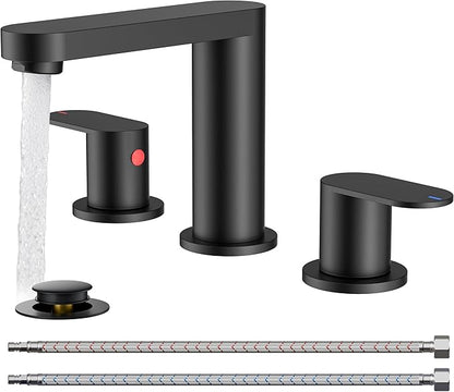 QFN Matte Black Bathroom Faucets 3 Hole, 8 inch Widespread Bathroom Faucet with Pop Up Drain and 24" cUPC Supply Hoses, Lead-Free Two Handles Suitable for 6-12 Inch RV, Restroom, Vanity Sink