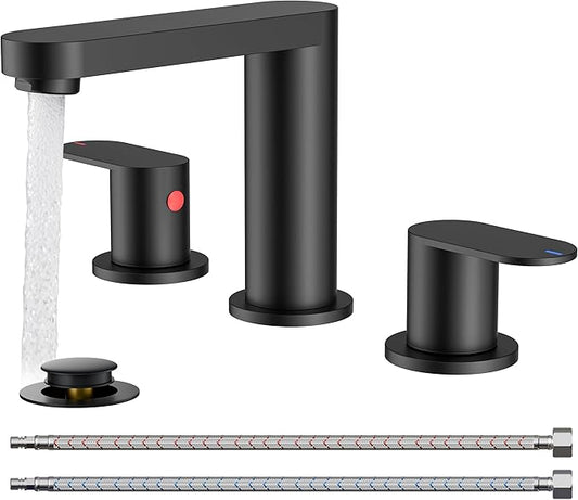 QFN Matte Black Bathroom Faucets 3 Hole, 8 inch Widespread Bathroom Faucet with Pop Up Drain and 24" cUPC Supply Hoses, Lead-Free Two Handles Suitable for 6-12 Inch RV, Restroom, Vanity Sink