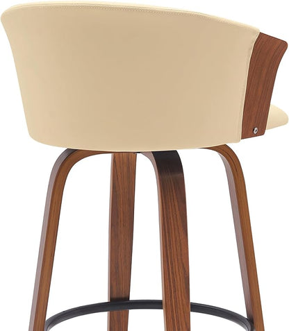 Armen Living Diana 30" Seat Height Mid Century Modern Swivel Walnut Wood Bar Stool for Kitchen Island Counter in Cream Faux Leather