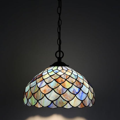 Tiffany Pendant Light Plug-in Stained Glass Hanging Lamp 12”x12”x181” Blue Fish Scales Swag Light Decorative Vintage Lighting for Dining Room Living Room Kitchen Hallway Bedroom