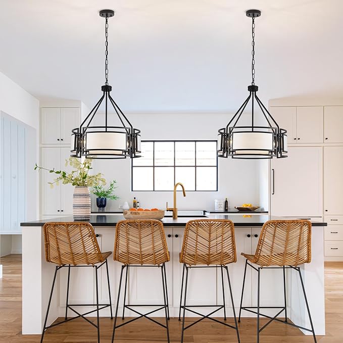 20'' Black Drum Chandeliers, 5Lights Black and White Drum Chandelier Modern Industrial Pendant Light Fixture, Adjustable Fabric Chandelier for Dining Room Kitchen Island Living Room Foyer E26