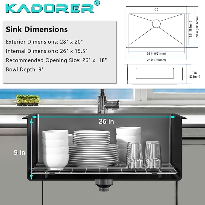 28 x 20 Inch Black Drop In Kitchen Bar Sink, Small Kitchen Sink Single Bowl Topmount Bar Prep Sink 18 Gauge Stainless Steel Bar Sink with Grid and Basket Strainer
