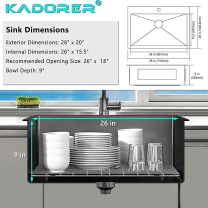 28 x 20 Inch Black Drop In Kitchen Bar Sink, Small Kitchen Sink Single Bowl Topmount Bar Prep Sink 18 Gauge Stainless Steel Bar Sink with Grid and Basket Strainer