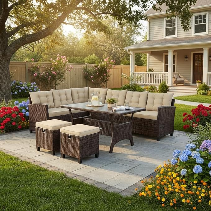 Tangkula 5 PCS Patio Furniture Set, Outdoor Conversation Set with 6 Cushioned Seat 2 Ottomans & Coffee Table, All Weather Wicker Dining Table Set with Ottoman, Rattan Sectional Couch Sofa Set