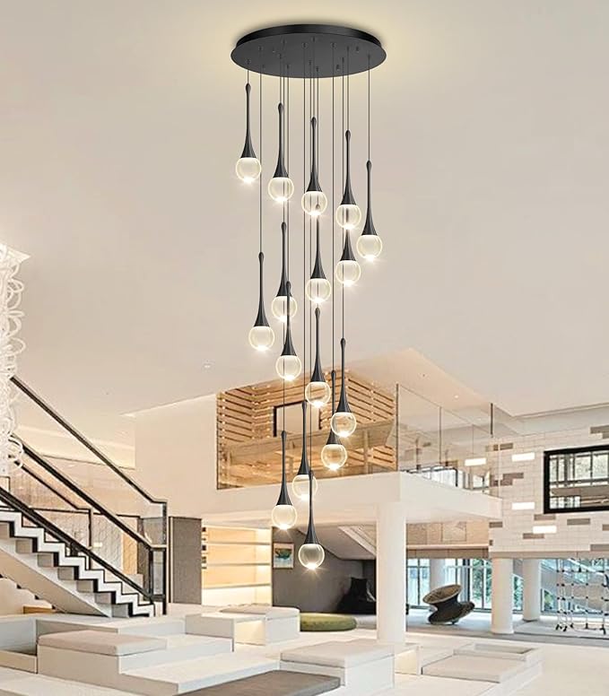 16 Light High Ceiling Crystal Chandelier Dimmable LED Pendant Lights with Remote Adjustable Chandeliers for Foyer Staircase Living Room Black