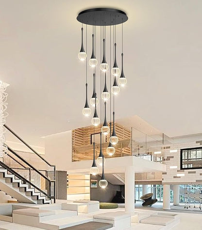 16 Light High Ceiling Crystal Chandelier Dimmable LED Pendant Lights with Remote Adjustable Chandeliers for Foyer Staircase Living Room Black