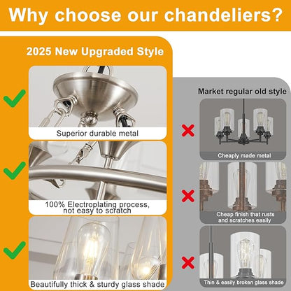 Modern Chandelier for Dining Room (25inch, 6-Light), Brushed Nickel Dining Room Light Fixture Over Table with Clear Glass Shade, Industrial Hanging Pendant Lights Fixture for Kitchen Island Entryway