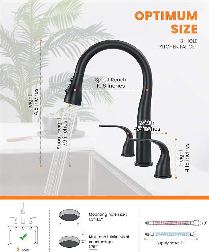 TIORIY Black Kitchen Faucet 3 Hole with Pull Down Sprayer, 2-Handle High Arc Kitchen Sink Faucet with 3 Function Spray, Stainless Steel, T-3005B