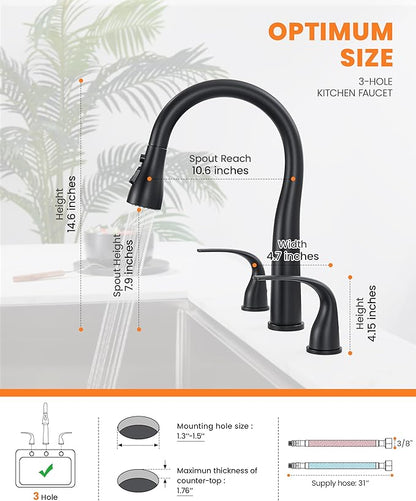 TIORIY Black Kitchen Faucet 3 Hole with Pull Down Sprayer, 2-Handle High Arc Kitchen Sink Faucet with 3 Function Spray, Stainless Steel, T-3005B