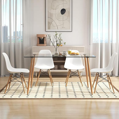 Giantex Dining Table Set for 4, Rectangular Glass Dining Table & 4 White DSW Chairs, 5-Piece Modern Dinette Set for Breakfast Nook, Dining Room, Kitchen, Living Room, White