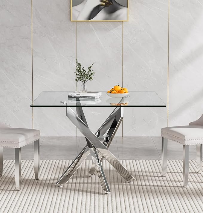 36'' Square Dining Table for 2-4, X-Shape Silver Metal Legs, Glass Tea Table Square Kitchen Table for Small Space