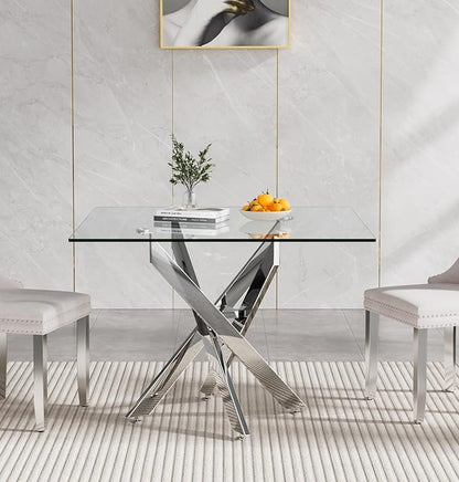 36'' Square Dining Table for 2-4, X-Shape Silver Metal Legs, Glass Tea Table Square Kitchen Table for Small Space