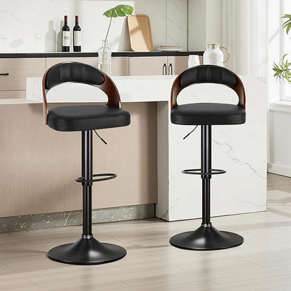 VECELO Bar Stool Set of 4, Kitchen Island Stools with Bentwood Back,Arm&Footrest,Island Chairs Adjustable Height PU Leather Cushion Seat,360°Swivel Bar Stools for Kitchen Counter,Club Pub,Black