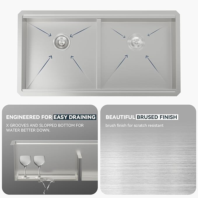 Lordear 36 Inch Undermount Kitchen Sink 50/50 Double Bowl Stainless Steel Kitchen Sinks Low Divided 16 Gauge Undermount Sink 36x19x10 Inch Handmade