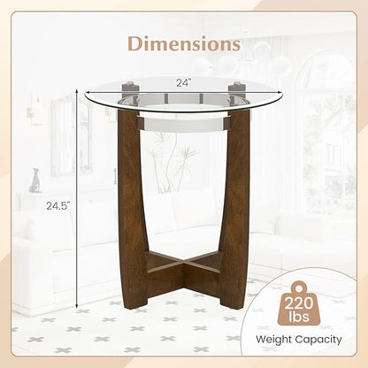 Giantex Round Glass End Table Set of 2, 24’’ Side Table with Tempered Glass Top, Nightstands with Cross & Solid Rubber Wood Base, Compact Bedside Night Stand for Bedroom Office Living Room (2, Walnut)