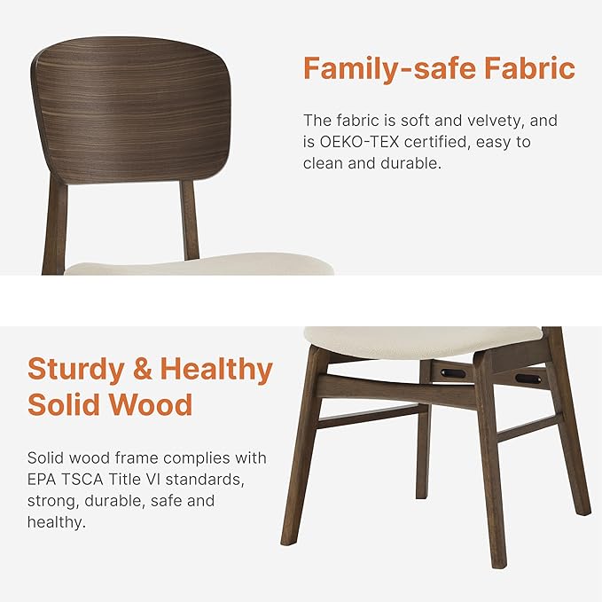 KISLOT Wooden Dining Chairs Set of 4, Upholstered Modern Dining Room Chairs, Mid Century Oak Kitchen Chairs with Ergonomic Wood Backrest for Farmhouse, Restaurant, Café (Cream Fabric & Walnut Color)
