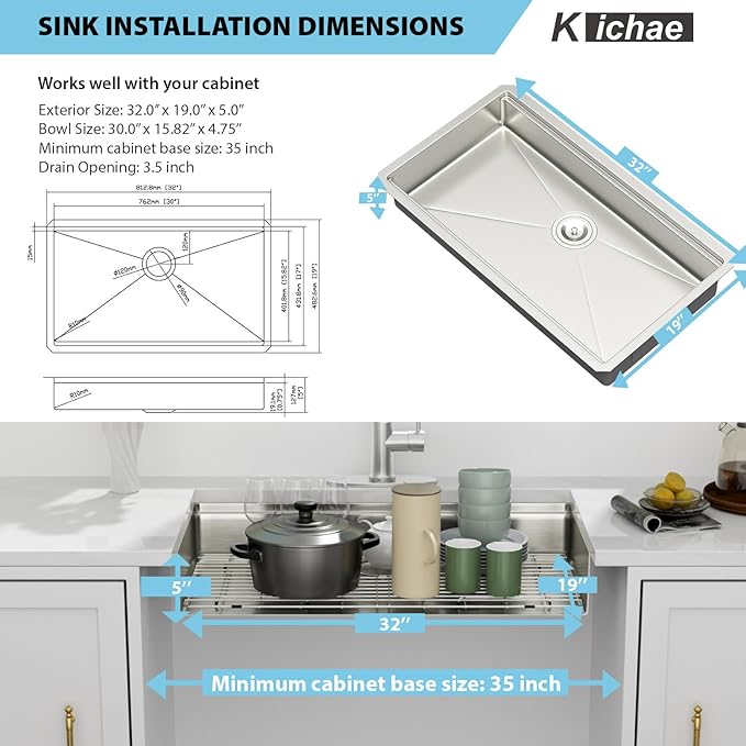 32 Kitchen Sink Undermount Workstation - Kichae 32x19x5 Undermount Kitchen Sinks Shallow Ledge Workstation 16-Gauge Stainless Steel Deep Single Bowl Under Counter Handmade Basin